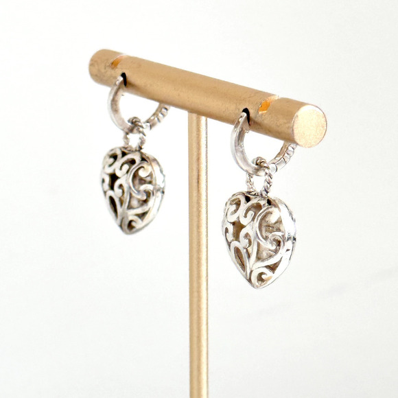 925 Sterling Silver & 14K Gold Puffy Heart Openwork Filigree Scroll Earrings - Picture 8 of 16